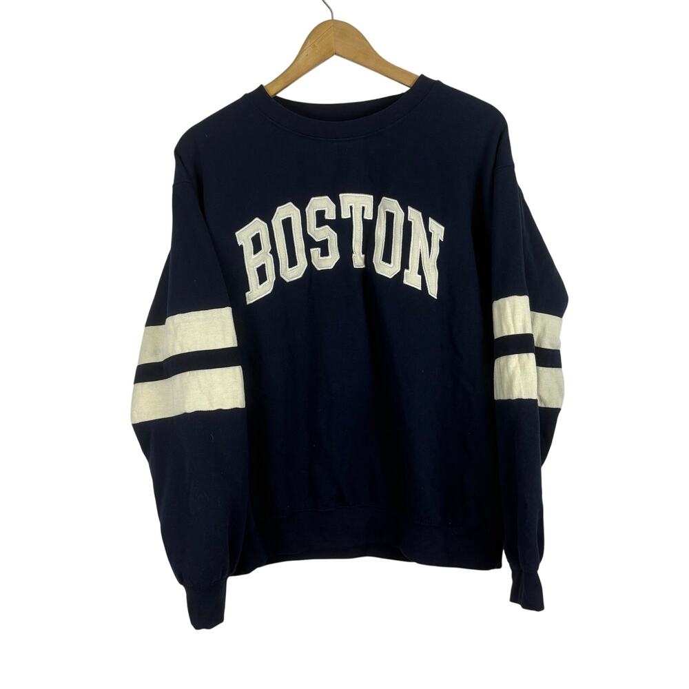 Boston Navy Blue Crewneck Sweatshirt Collegiate Embroidered Striped Sleeves L